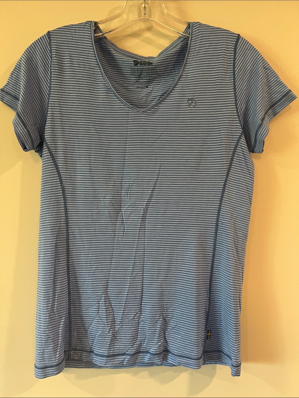 Fjallraven - M, Light Blue Striped V-Neck Short Sleeve Tee